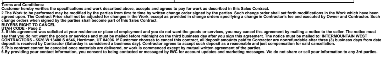 A close-up of text detailing terms and conditions, including customer cancellation rights, change orders, information handling policies, and a Messaging Consent example.